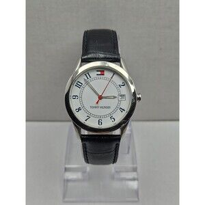 Tommy Hilfiger Quartz Watch New Battery White Dial Date Black Leather Strap 99ft